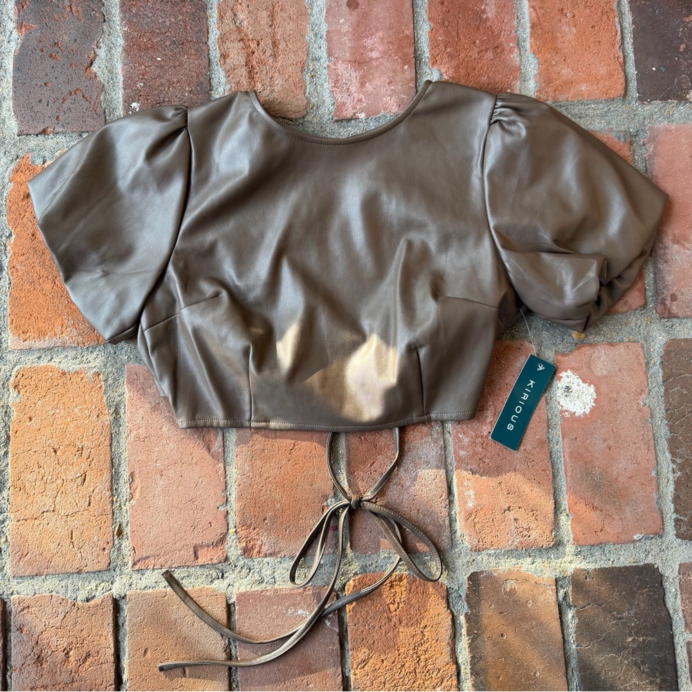 Kirious Los Angeles faux leather puff sleeve backless crop top in brown